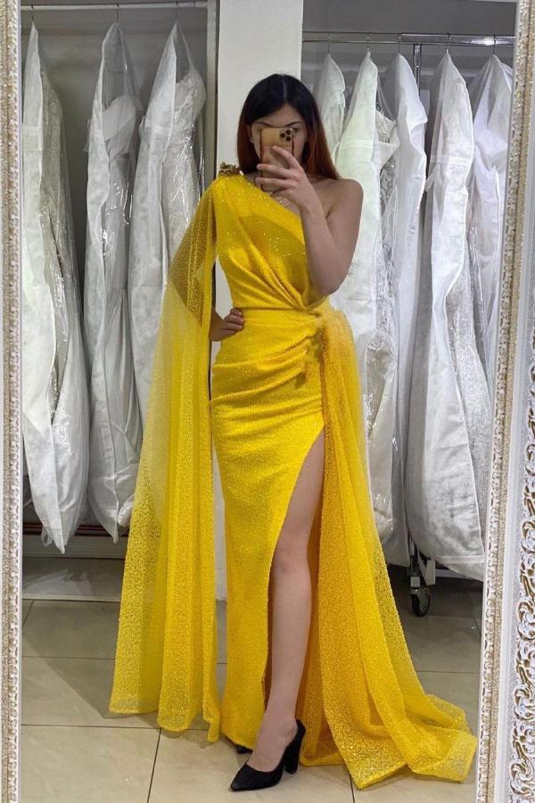 Yellow One Shoulder Prom Dress Mermaid Split With Ruffle