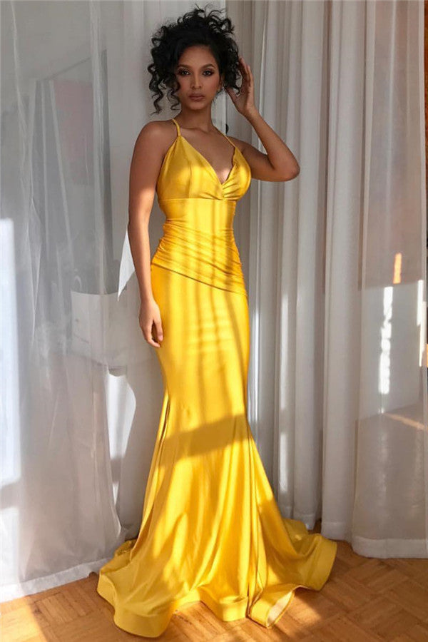 Yellow V-Neck Mermaid Prom Dress Sleeveless