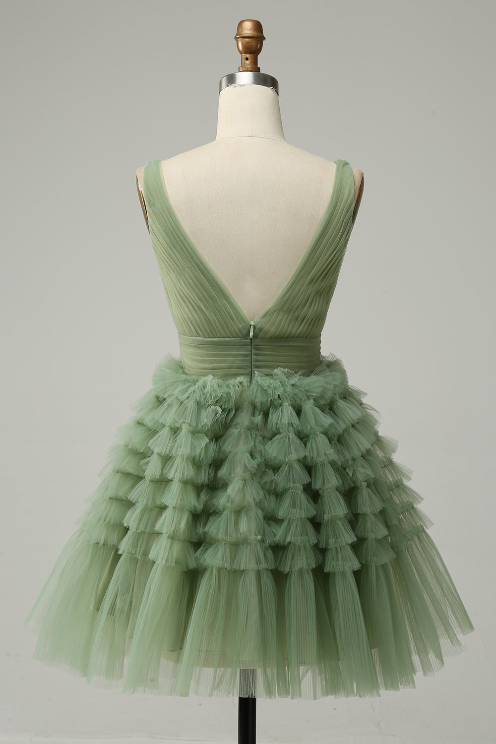 Green Tulle V-Neck Short Homecoming Dress With Open Back