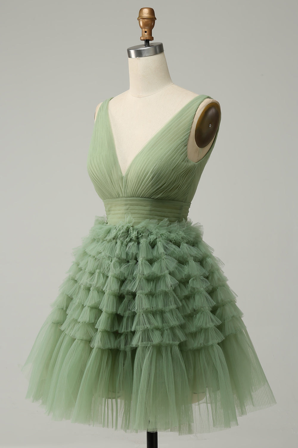 Green Tulle V-Neck Short Homecoming Dress With Open Back