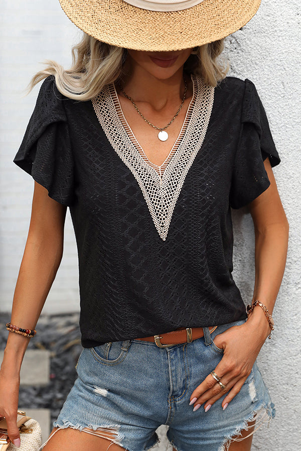 Solid V Neck Patchwork Short Sleeve Tops