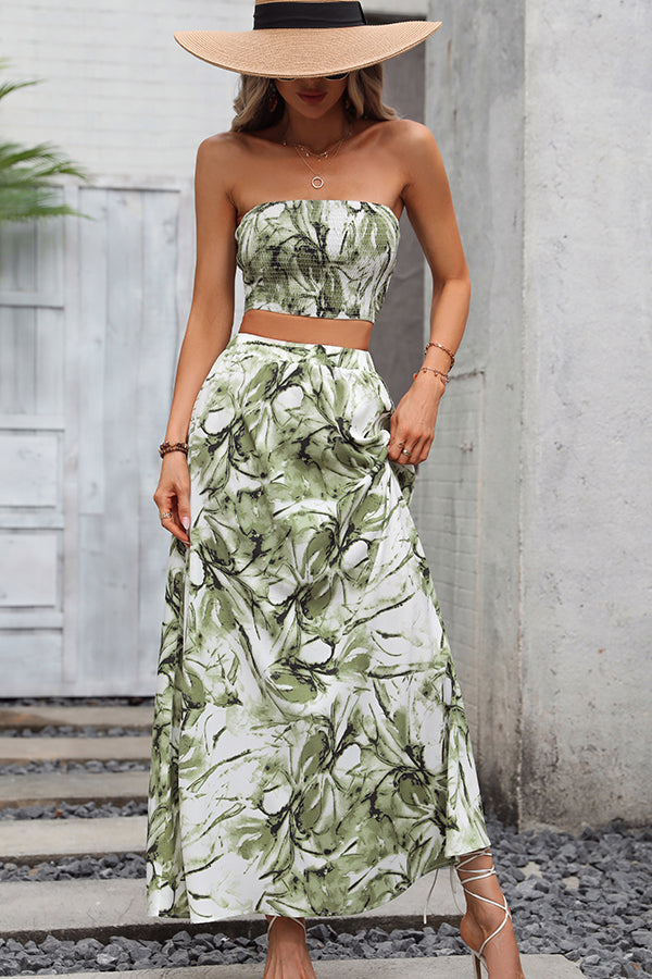 Smocked Bandeau Floral Print Two Pieces Dress - Fashionpara