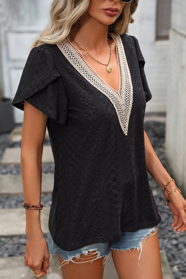 Solid V Neck Patchwork Short Sleeve Tops