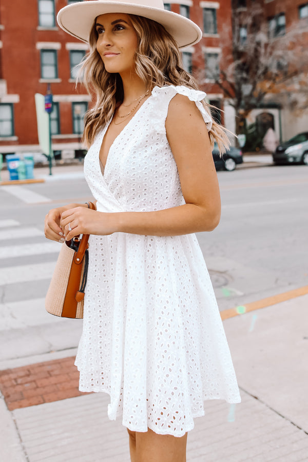 Ruffle Shoulder Hollow Solid White Mini Dress - Fashionpara