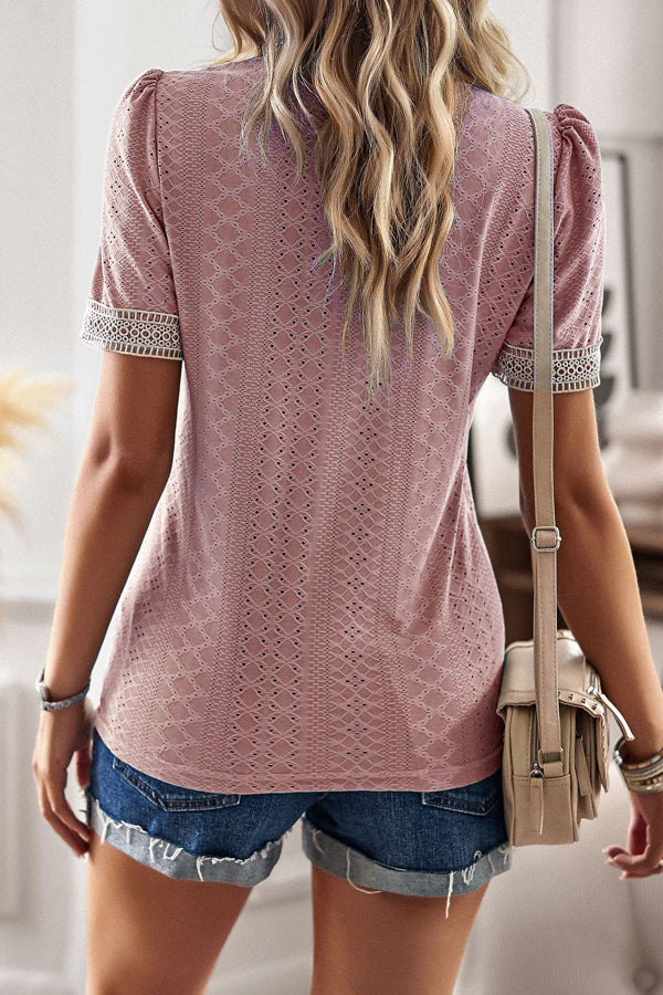 Pink V Neck Patchwork Short Sleeve Casual Tops