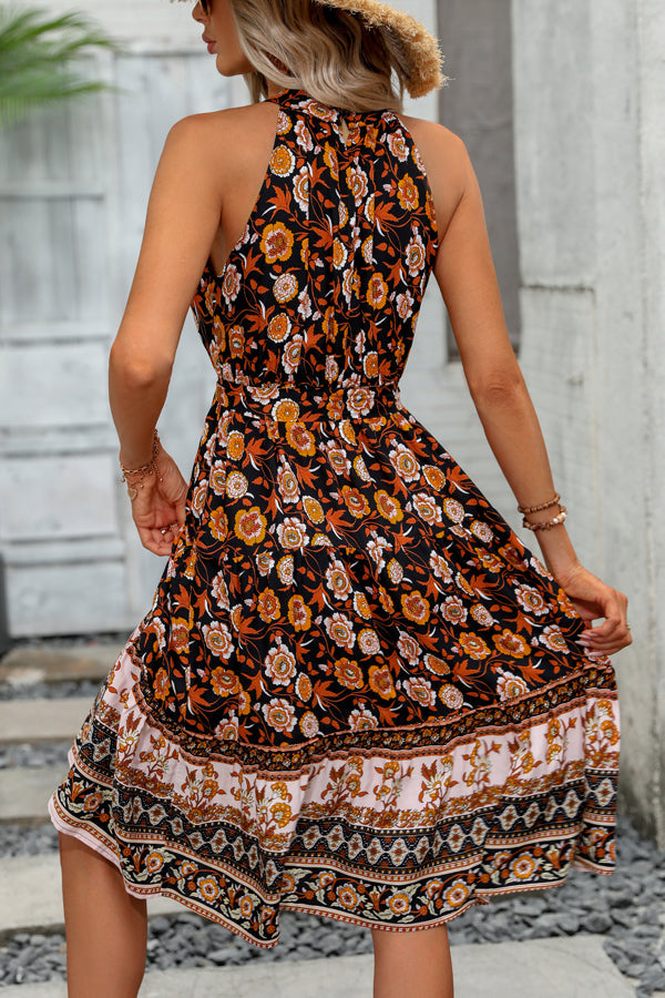 Halter Neck Tie Waist Floral Print Casual Dress - Fashionpara