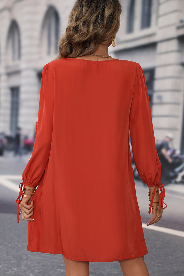 Long Sleeve Button Round Neck Solid Dress - Fashionpara