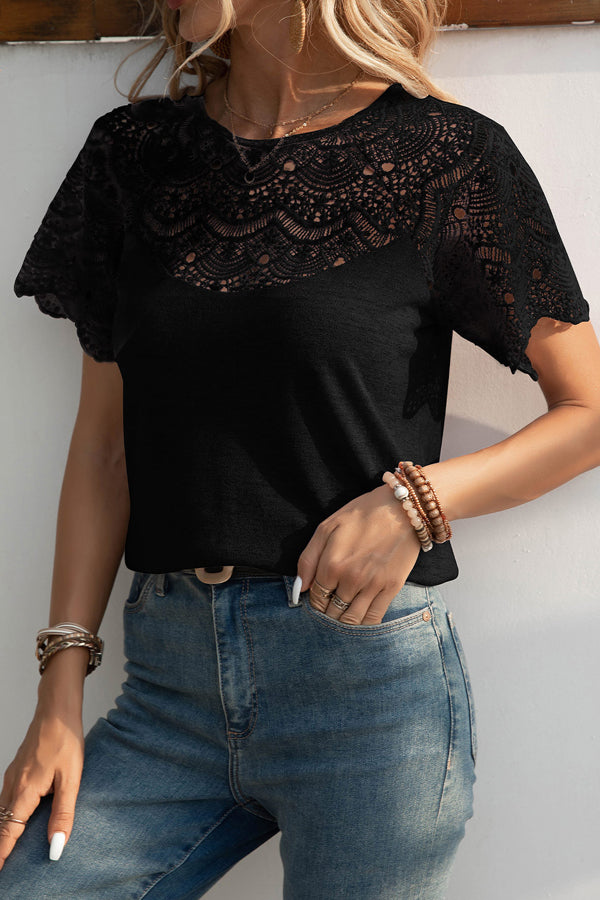 Lace Patchwork Round Neck Casual Tops