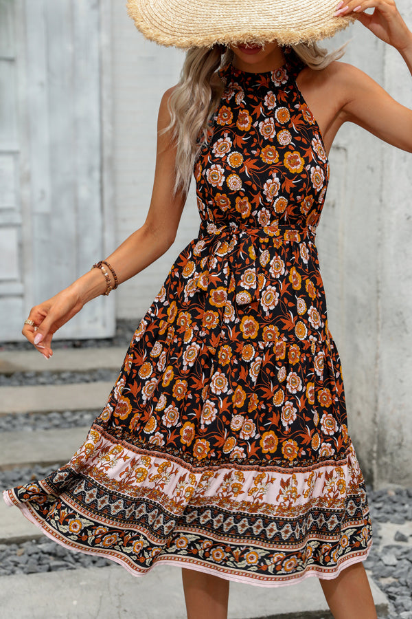 Halter Neck Tie Waist Floral Print Casual Dress - Fashionpara