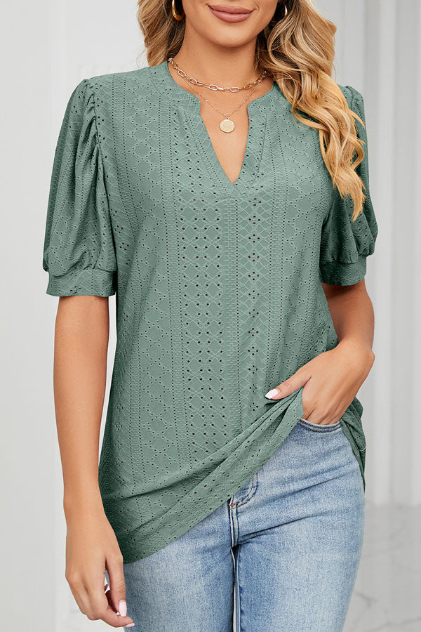 Bubble Sleeve V Neck Casual Tops