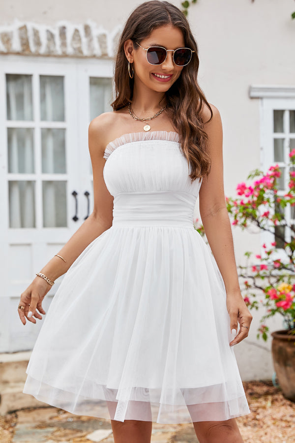 Cute Princess Bandeau Solid White Mini Dress - Fashionpara