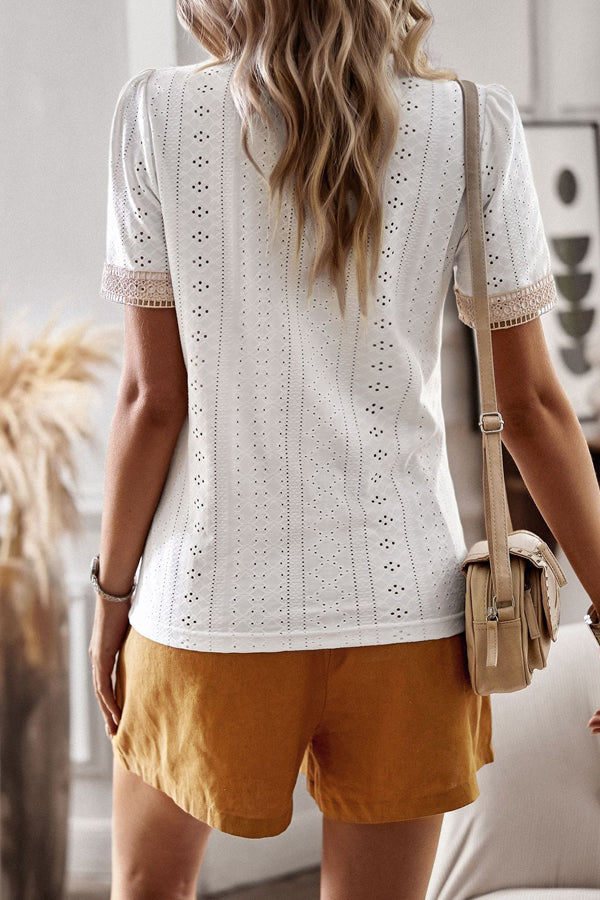 White V Neck Patchwork Short Sleeve Casual Tops