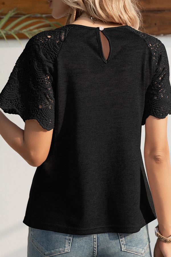 Lace Patchwork Round Neck Casual Tops