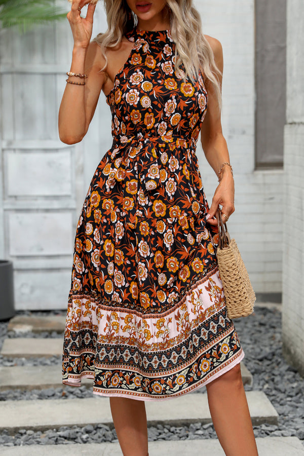 Halter Neck Tie Waist Floral Print Casual Dress - Fashionpara