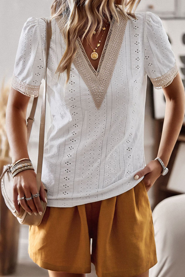 White V Neck Patchwork Short Sleeve Casual Tops