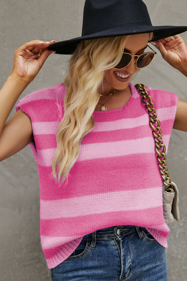 Stripe Sleeveless Round Neck Casual Knitting Tops - Fashionpara