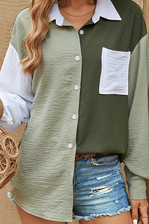 Color Block Patchwork Long Sleeve Casual Tops