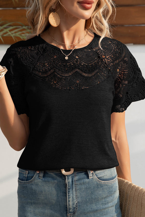 Lace Patchwork Round Neck Casual Tops