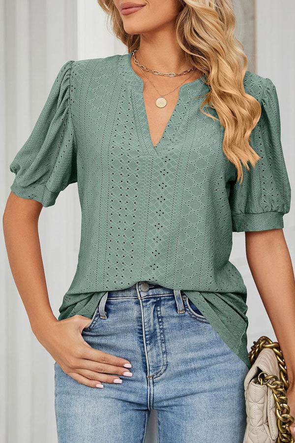 Bubble Sleeve V Neck Casual Tops