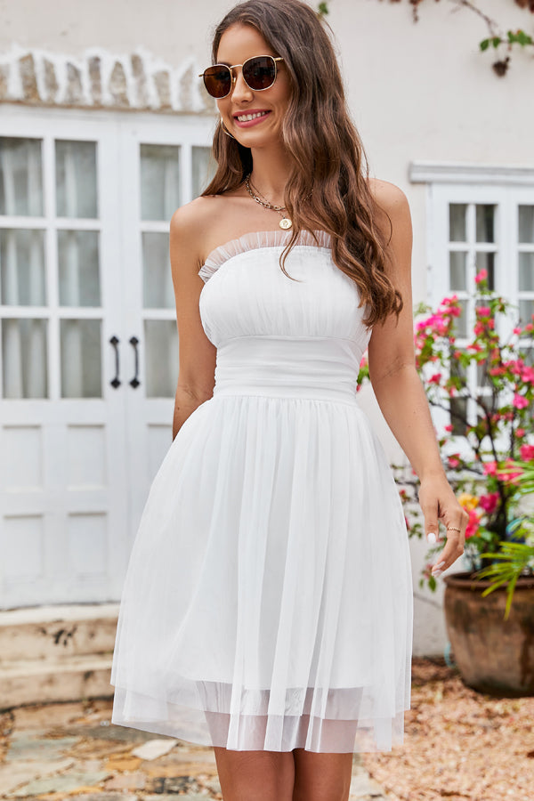 Cute Princess Bandeau Solid White Mini Dress - Fashionpara