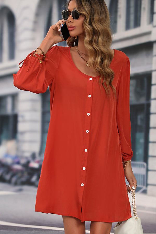 Long Sleeve Button Round Neck Solid Dress - Fashionpara