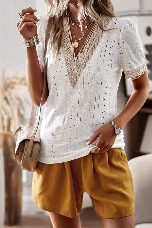 White V Neck Patchwork Short Sleeve Casual Tops