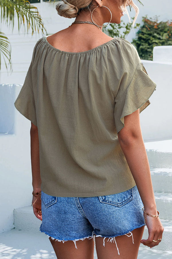 Fashion Knot Front Ruffle Sleeve Casual Tops