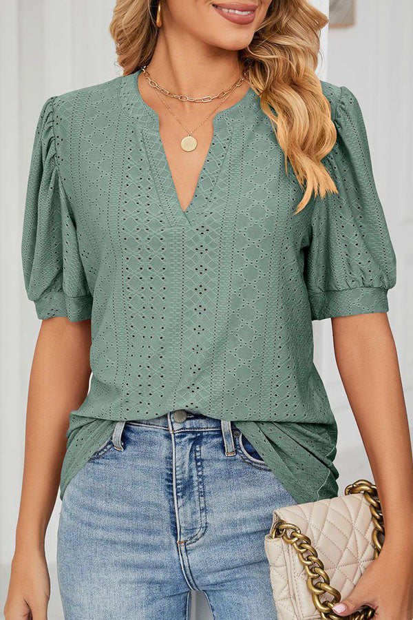 Bubble Sleeve V Neck Casual Tops