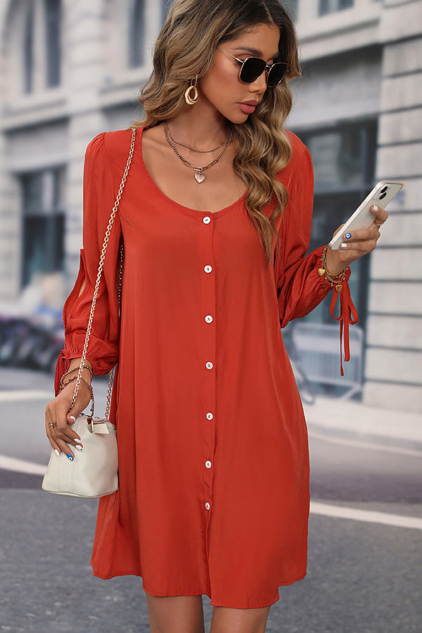 Long Sleeve Button Round Neck Solid Dress - Fashionpara