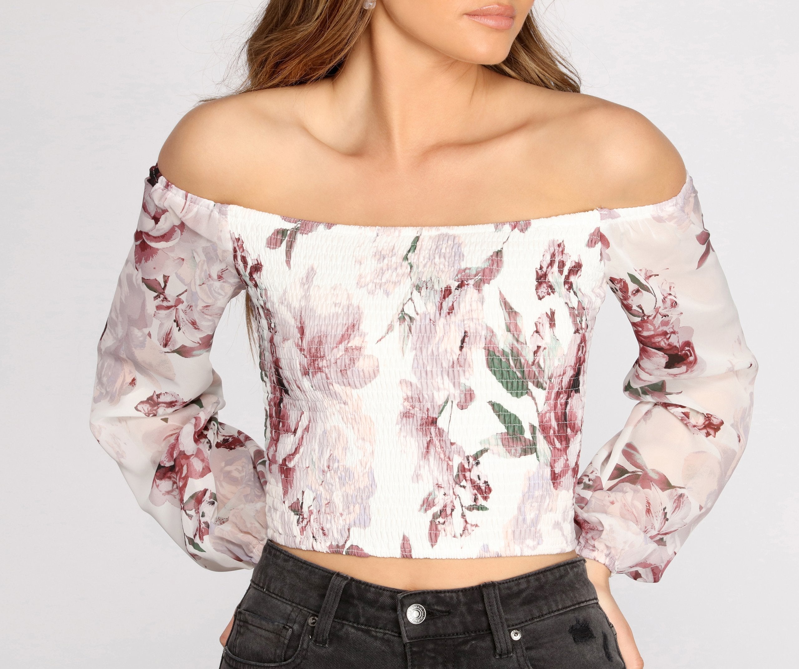 Smocked Over Florals Crop Top - Fashionpara