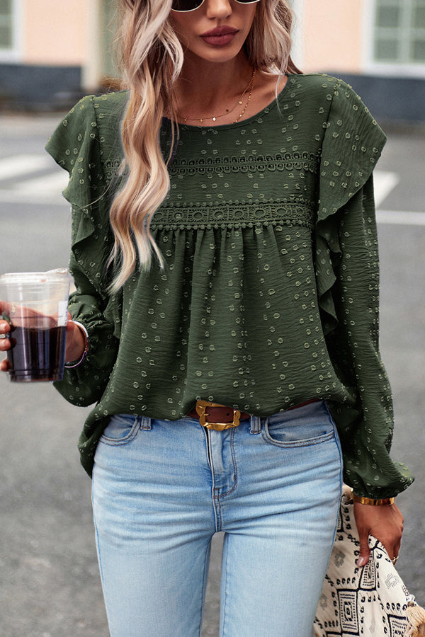 Ruffle Hem Round Neck Solid Color Casual Tops