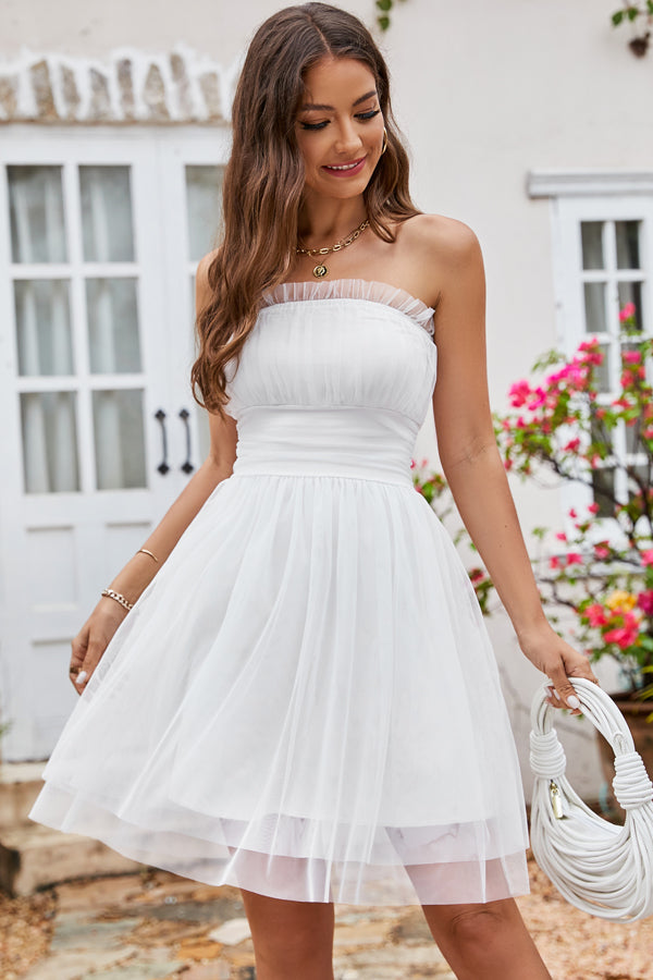 Cute Princess Bandeau Solid White Mini Dress - Fashionpara