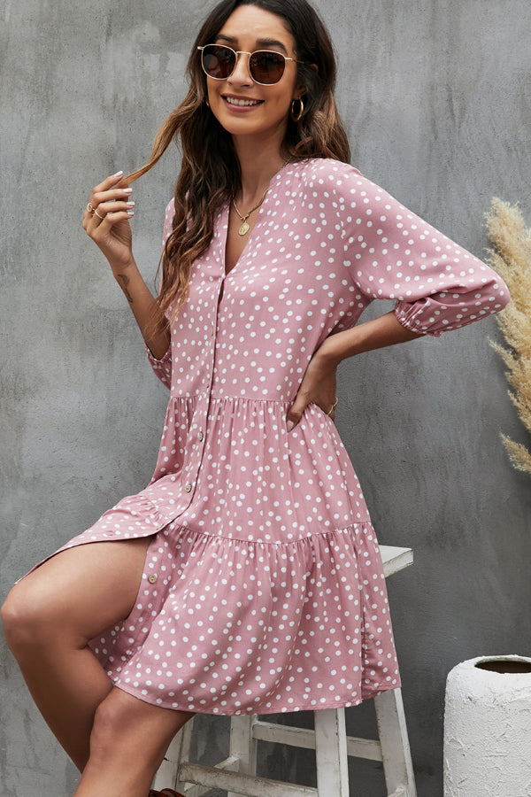 Fashion Dots Print Long Sleeve Mini Dress - Fashionpara