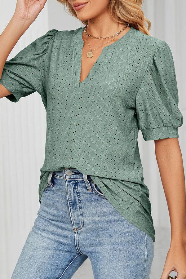 Bubble Sleeve V Neck Casual Tops