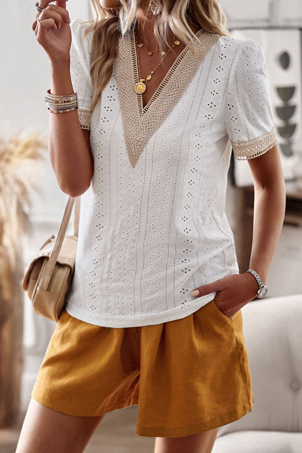 White V Neck Patchwork Short Sleeve Casual Tops