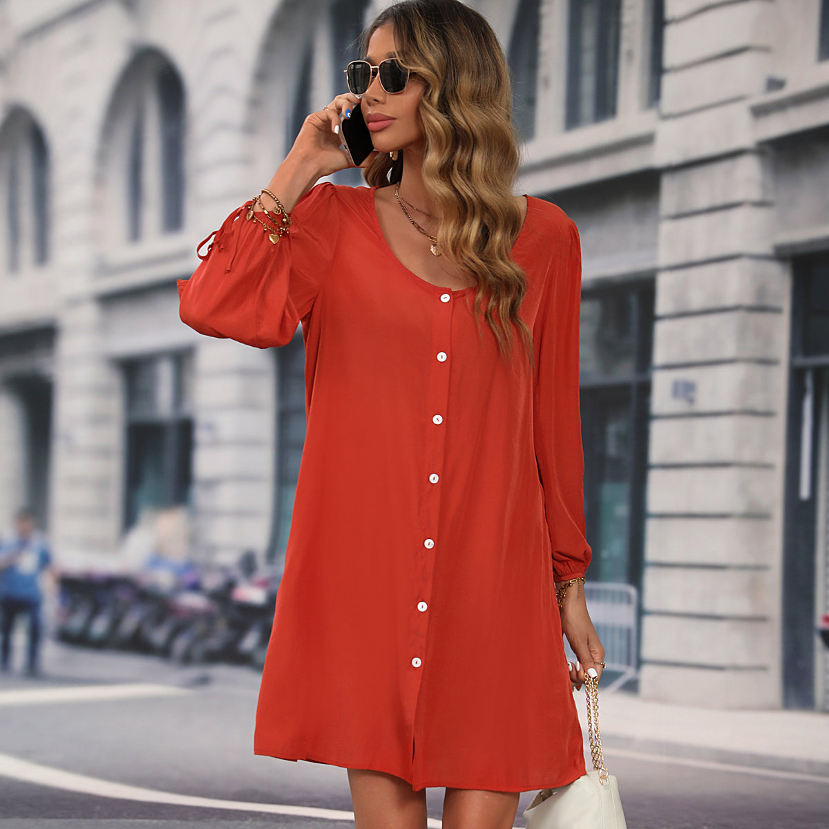 Long Sleeve Button Round Neck Solid Dress - Fashionpara