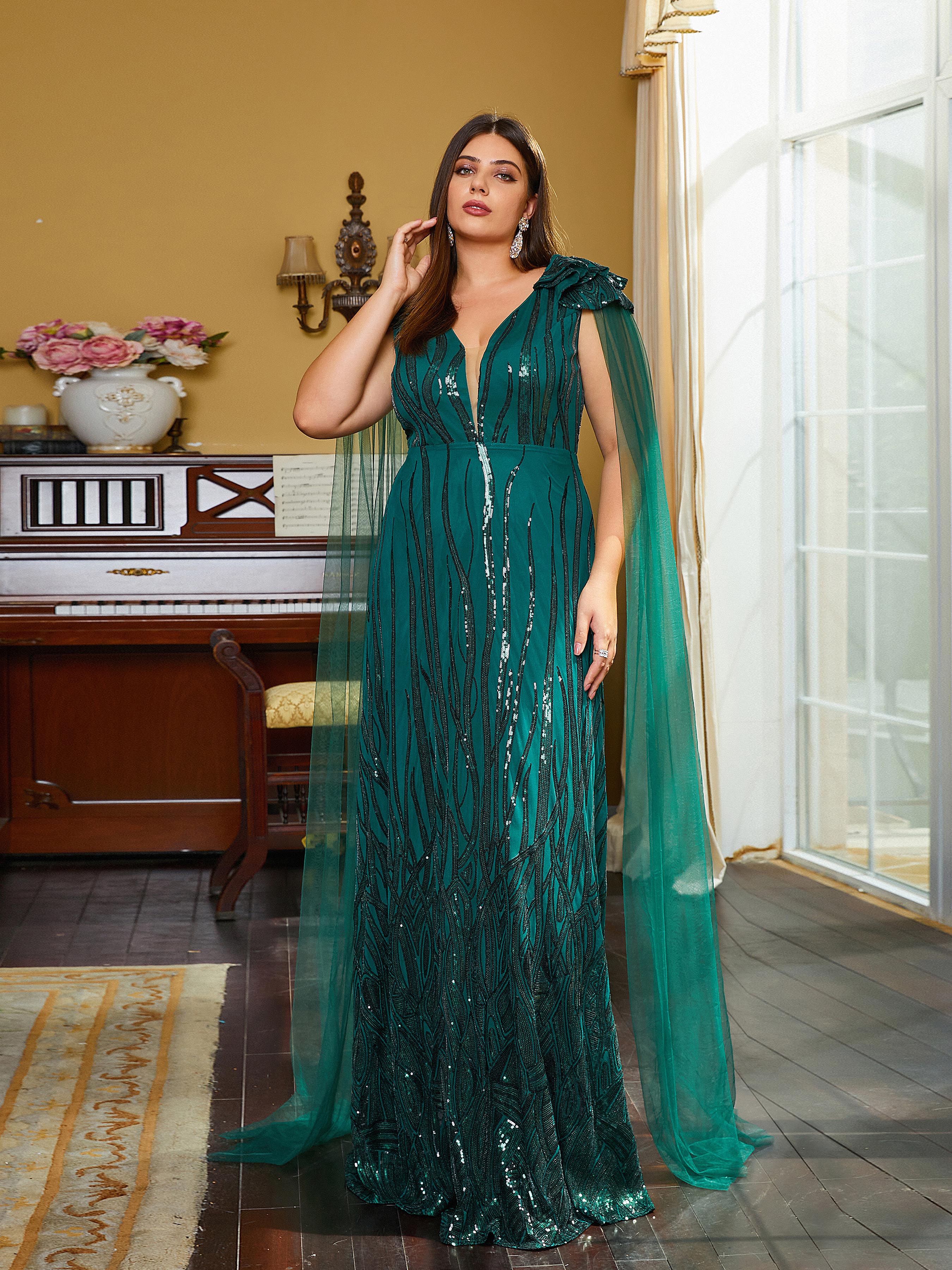 Plus Size V-Neck Backless Ribbon A-line Evening Dress PJMT1086