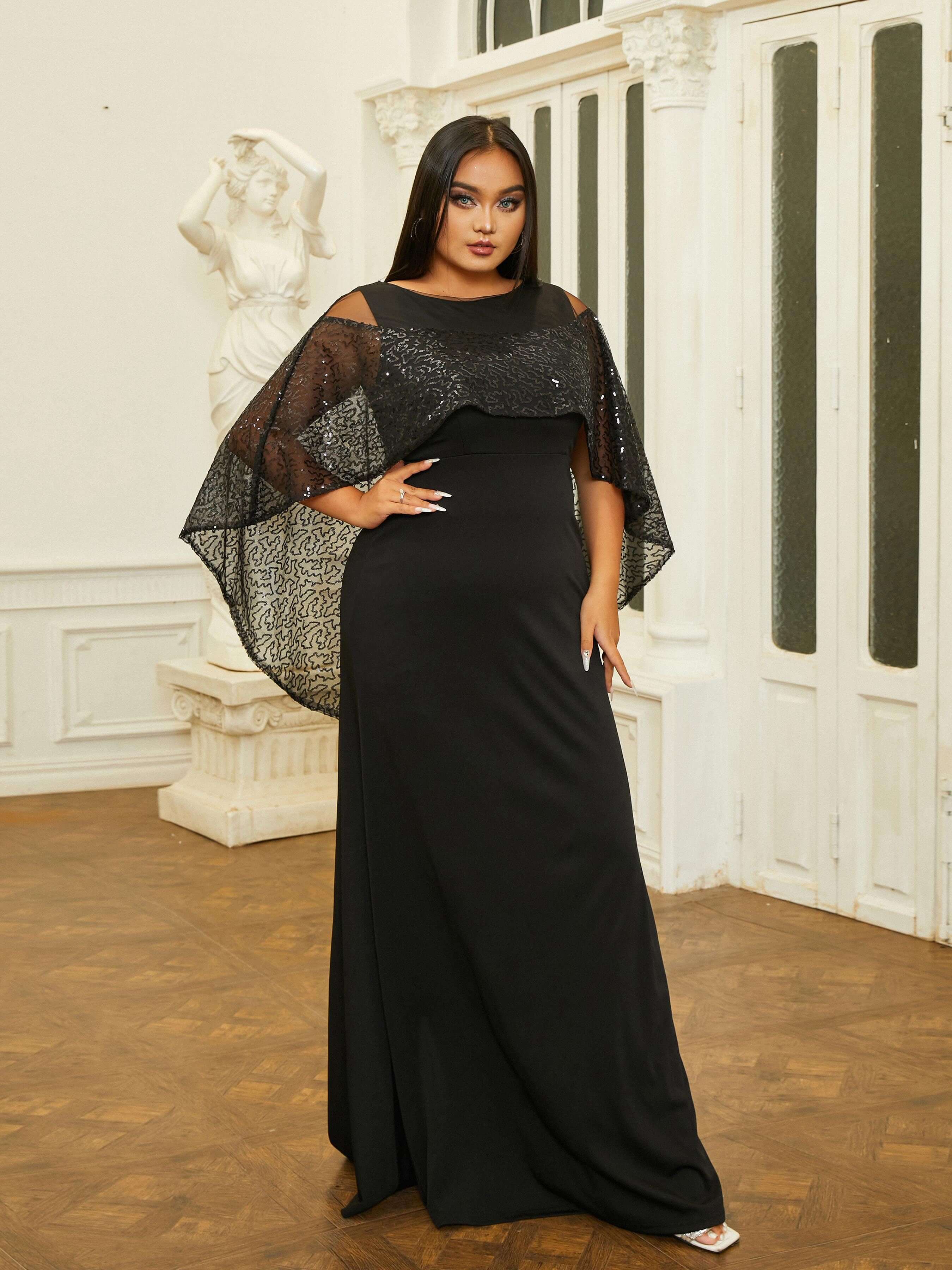 Plus Size Cape Sleeve Backless Sequin Prom Dress PRM20808