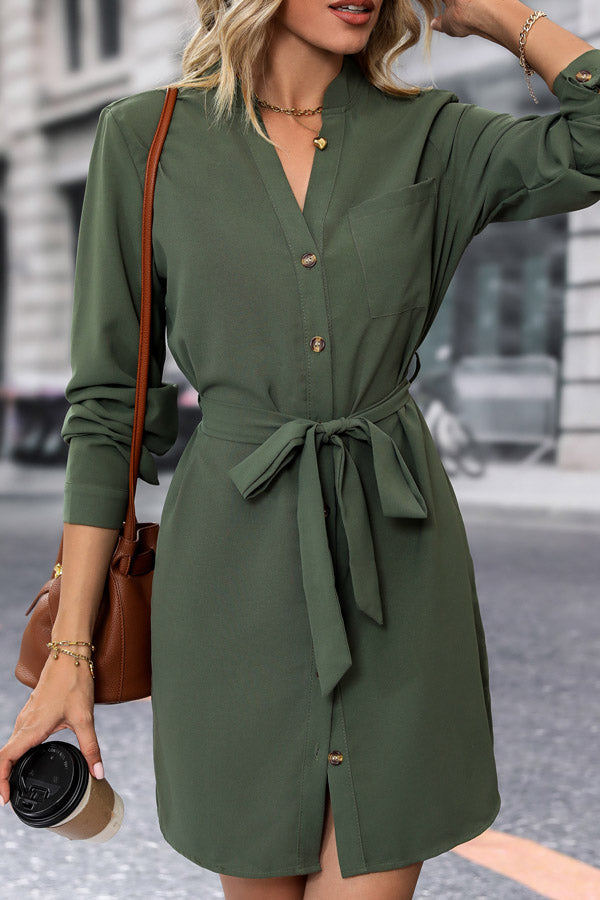 Button Solid Color Long Sleeve Casual Dress - Fashionpara