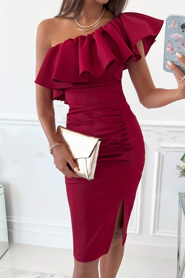 Ruffles One Shoulder Ruched Slit Dress - Fashionpara