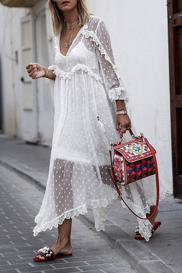 Dot Lace Sheer Maxi Cover Dress - Fashionpara