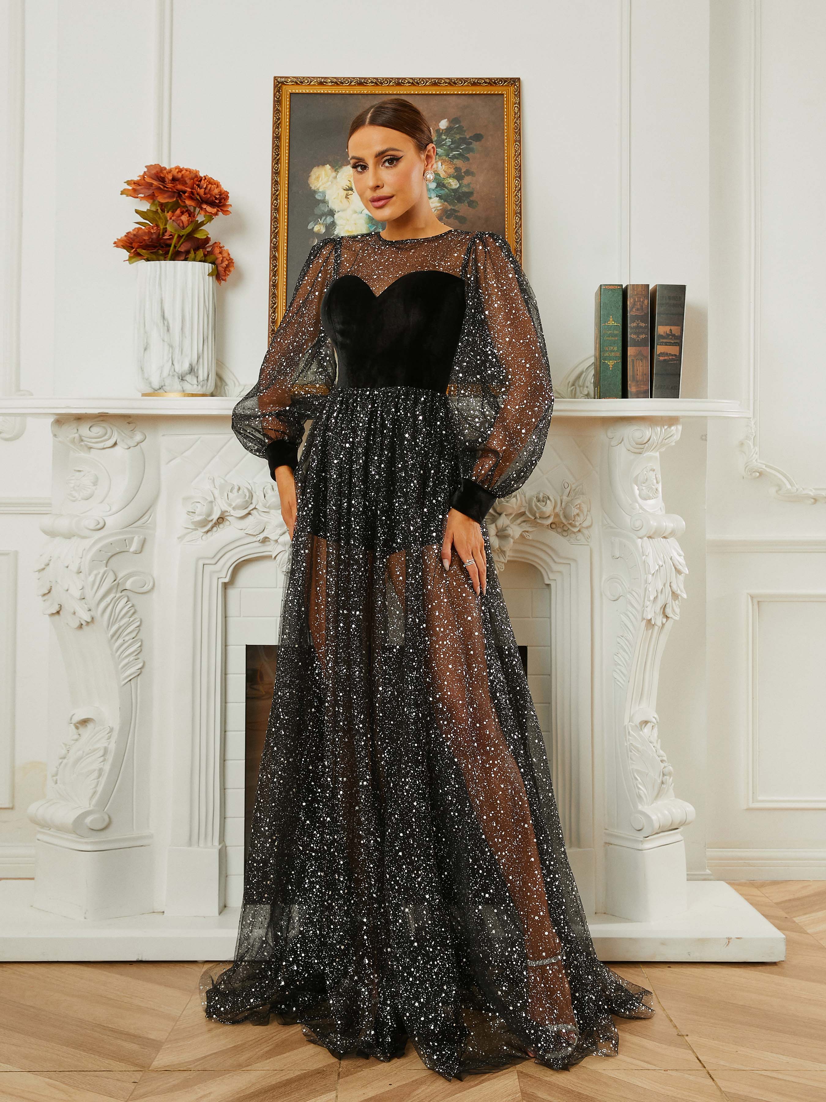 Crew Neck A-Line Panel Long Sleeve Evening Dress RH30652