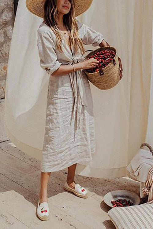 Knot V Neck Linen Dress - Fashionpara