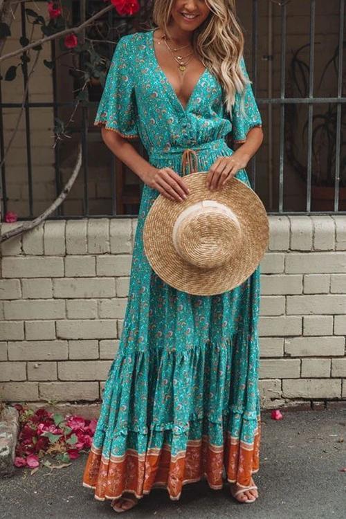 Floral Print Short Sleeve Maxi Dress - Fashionpara