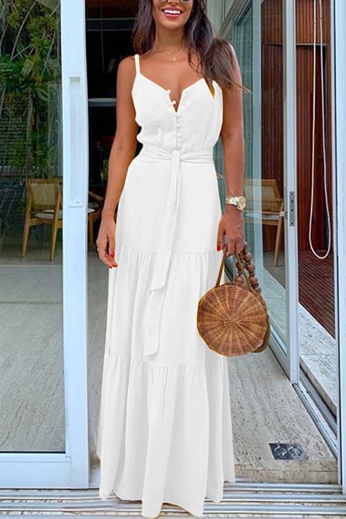 Button Belted Slip Maxi Dress - Fashionpara