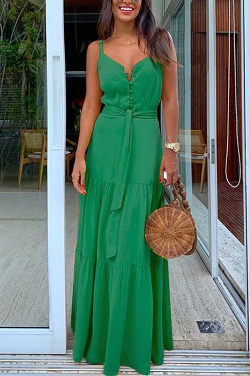 Button Belted Slip Maxi Dress - Fashionpara