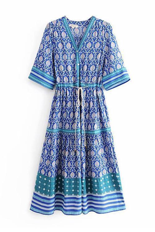 Print V Neck Short Sleeve Maxi Dress - Fashionpara