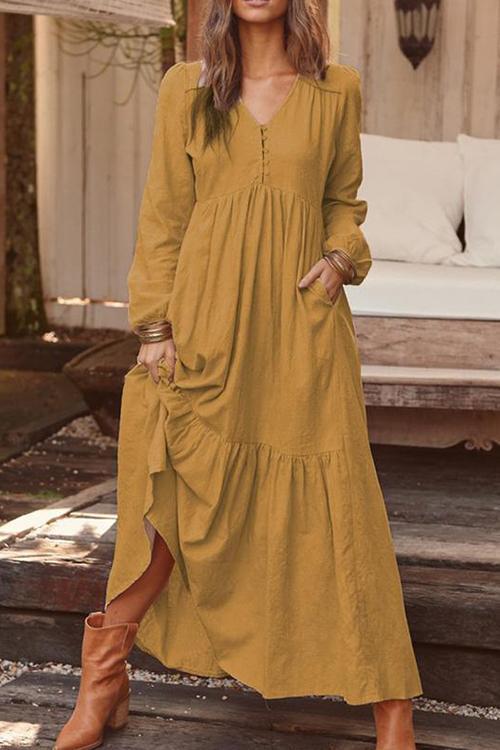 Pockets V Neck Long Sleeeve Maxi Dress - Fashionpara