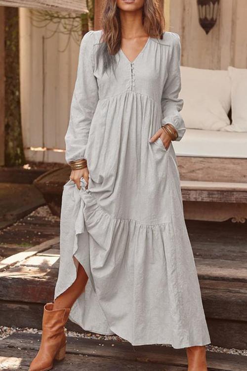 Pockets V Neck Long Sleeeve Maxi Dress - Fashionpara