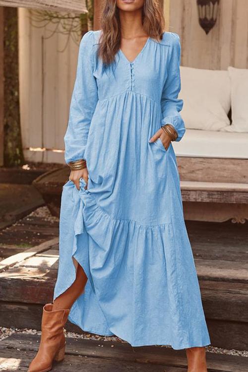 Pockets V Neck Long Sleeeve Maxi Dress - Fashionpara